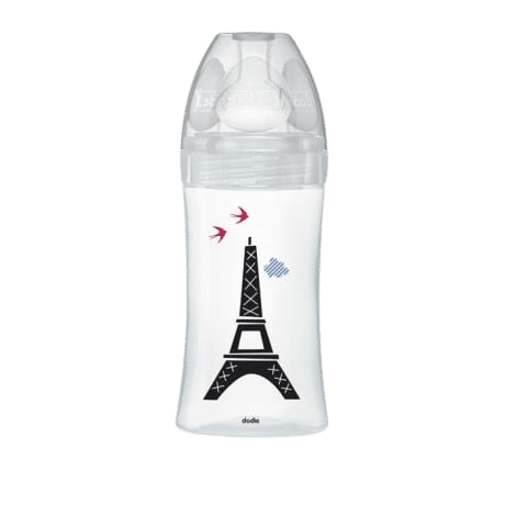 Un DODIE BIBERON VERRE PARIS 270ML orné d'un dessin de la Tour Eiffel et de deux oiseaux dessus, proposé par Univers Cosmetix. Le capuchon et la tétine sont transparents.