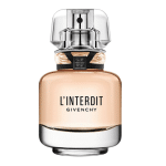 Un flacon de Givenchy L’Interdit Eau de Parfum pour femme 35 ml avec un bouchon transparent et un liquide couleur pêche à l’intérieur.