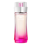 Un flacon d'eau de toilette pour femme Lacoste Touch of Pink de 50 ml avec un design dégradé rose et un capuchon argenté.