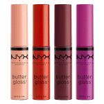 Quatre tubes de NYX Professional Makeup Gloss Repulpant Butter Gloss dans les tons nude, rouge, marron et violet, alignés côte à côte, disponibles chez Univers Cosmetix Dakar à un prix pas cher.