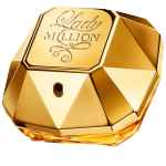 Un flacon de parfum doré en forme de pierre précieuse « Paco Rabanne Lady Million Eau de Parfum pour femme 50 ml » avec des gravures complexes sur le dessus.