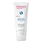 Tube de TOPICREM UR-10 Crème pieds anti-callosités 75ml, packaging blanc avec texte bleu et rose, disponible chez Univers Cosmetix à Dakar, Sénégal.