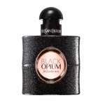 Flacon d'Eau de Parfum pour femme Yves Saint Laurent Black Opium 30 ml au design noir pailleté et étiquette ronde Yves Saint Laurent Black pêche.