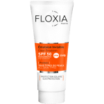 Un tube de FLOXIA PROTEXIO émulsion solaire invisible Unifiant Anti-tache SPF 50+ tous types de peau (50ml) d'Univers Cosmetix, offrant une protection UVA et UVB de qualité, adaptée à tous les types de peau.