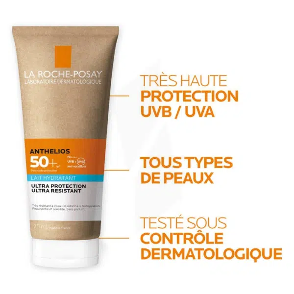 Un tube de La Roche-Posay Anthelios Crème solaire en Lait hydratant Corps Sans parfum SPF50+ dans un packaging éco-responsable de 75 ml, avec un texte français soulignant élégamment ses caractéristiques. dakar, Sénégal