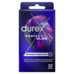 Une boîte de préservatifs "Durex Préservatifs Extra Lubrification X10 Perfect Gliss Durex" au design violet et bleu et au texte en allemand, soulignant leur qualité exceptionnelle. Contient 10 préservatifs.