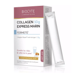 Une boîte de Biocyte Collagen Express Marin Anti Rides et Raffermissant 10 Sticks avec un seul stick à côté, offrant une qualité exceptionnelle à un prix pas cher.