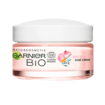 Un pot de Garnier Bio 3 en 1 Crème Jour Rosée Glow à la Vitamine C 50 ml contenant de la vitamine C et étiqueté biologique avec un design blanc et rose, parfait pour ceux de Dakar, au Sénégal, à la recherche de soins de qualité à un prix pas cher.