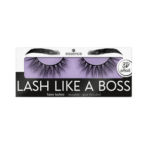 Paquet de faux cils étiqueté « Essence Cosmetics Faux Cils Lash Like 02 Limitless, 1 pc », comportant le texte « réutilisable » et « colle incluse » sur un fond violet élégant.