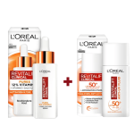 Deux produits de soin L'Oréal Paris : L'Oréal Revitalift Vitamine C Duo Illuminatrice (Anti Age Et Unifiant) Sérum + Fluide Solaire, connu pour sa qualité, et disponible à Dakar.