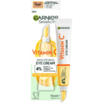 Garnier Vitamine C Crème Contour des Yeux Éclaircissante 15 ml, enrichie de 4 % de vitamine C, de niacinamide, de caféine et de poudre de banane, se présente dans un tube pratique de 15 ml.