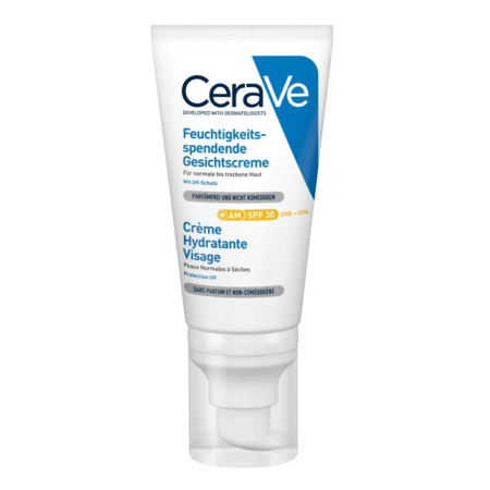 CeraVe Crème Hydratante Visage SPF 30, une crème hydratante pour le visage pour peaux normales à sèches, se présente dans un tube de 52 ml avec des étiquettes en allemand et en français.