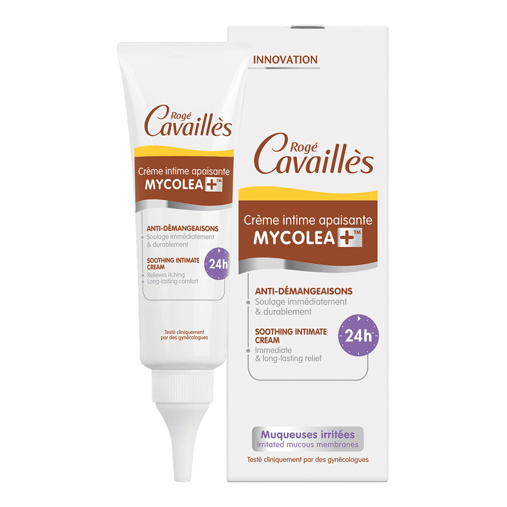 Un tube et une boîte de Roge Cavailles Crème Intime Apaisante Mycolea+ 50 ml, réputée pour sa qualité, se côtoient, disponibles en exclusivité chez Univers Cosmetix à Dakar.