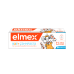 Boîte de dentifrice Elmex Dentifrice Bébé 0 à 2 ans pour 0-2 ans, représentant une souris de dessin animé tenant une brosse à dents, dans un emballage allemand.