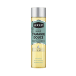 Un flacon de Waam Huile d'Amande Douce BIO 75 ml, disponible chez Univers Cosmetix Dakar, présente un bouchon argenté et une étiquette vert clair, marqués « 100% Pure » et « Vegan ».