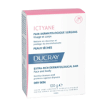 Description : Boîte de Ducray Ictyane Savon Dermatologique Surgras Visage et Corps 100 g pour peaux sèches, pour le nettoyage et la protection du visage et du corps.