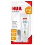 Emballage du Nuk Kit de Soins Bucco-dentaires pour Bébé de plus de 3 à 12 mois, comprenant un tube de dentifrice et une brosse en silicone. Disponible pas cher via Univers Cosmetix à Dakar.