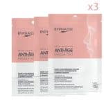 Three Byphasse Masque Tissu Skin Booster Anti-âge 3 pièces avec un emballage rose et blanc, favorisant l'hydratation et le rajeunissement de la peau, illustre la qualité que vous pouvez attendre d'Univers Cosmetix.