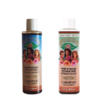 Deux flacons marron du Duo de Soins Réparatrice pour les Cheveux Secs, Très Secs et Cassants Miss Antilles, contenant des shampoings et des produits de bain à l'huile avec des motifs floraux et des images de femmes souriantes.
