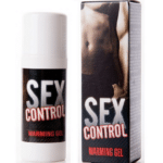Un flacon de « RUF Gel Excitant Sex Control Chauffant 30 ml » à côté de son emballage, qui présente un gros plan d'un torse musclé, affiche bien en évidence sa nouvelle étiquette : RUF Gel Excitant.