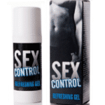 Conteneur et boîte de « RUF Gel Retardant Sex Control Rafraîchissant 30 ml » avec une image partielle d'un torse masculin sur l'emballage, mettant en vedette le RUF Gel Retardant avancé pour un plaisir prolongé.