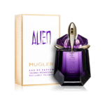 Un flacon violet de Mugler Alien Eau de Parfum rechargeable pour femme 30 ml avec son coffret orné d'un texte doré et violet, offre une qualité supérieure et est disponible à un prix pas cher.