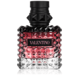Le flacon d'eau de parfum pour femme Valentino Born In Roma Intense Donna de 30 ml présente un capuchon noir, un verre dégradé rose à transparent et d'élégants détails cloutés noirs, reflétant le sens du style et de la qualité de Dakar.