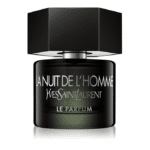 Flacon noir Yves Saint Laurent La Nuit de L'Homme Le Parfum Eau de Parfum pour homme de 60 ml au bouchon hexagonal sur fond blanc, mettant en valeur une qualité et une élégance inégalées.