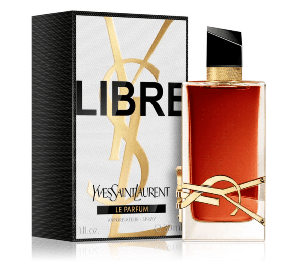Flacon de Yves Saint Laurent Libre Le Parfum parfum pour femme 30 ml à côté de son packaging noir et blanc, aux accents dorés. Découvrez ce symbole de qualité chez Univers Cosmetix pour un prix étonnamment pas cher.