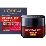 L'Oréal Crème Spf25 Jour Visage Anti-Rides Profond Revitalift Laser emballage 50 ml, disponible chez Univers Cosmetix Sénégal, contient un SPF 25, du pro-rétinol, de l'acide hyaluronique et de la vitamine C.