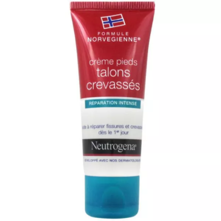 Tube rouge et blanc de Neutrogena Réparation Intense Crème Réparatrice Pieds et Talons Crevassés 50ml étiqueté en français, avec le drapeau norvégien et un bouchon bleu.