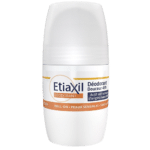 Etiaxil Protection Anti-transpirante 48h Roll-on Peau Sensible 50 ml, flacon blanc avec étiquette orange et bleue. Disponible chez Univers Cosmetix au Sénégal, ce produit de qualité supérieure assure confort et confiance.