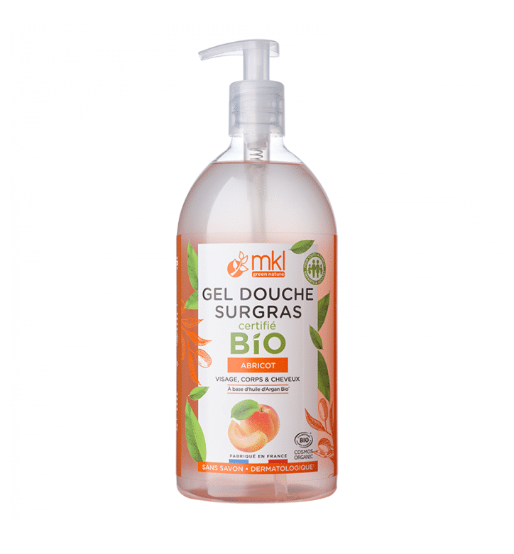 Une bouteille de MKL Gel douche certifié BIO - Abricot 1L avec distributeur à pompe, mettant en valeur la qualité sur fond blanc - parfait pour Dakar et le reste du Sénégal.