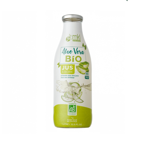 Bouteille de MKL Jus Aloe Vera à boire 1 L, avec une étiquette blanche et verte comportant des images d'aloe vera et un texte en français, disponible à l'Univers Cosmetix à Dakar, Sénégal.