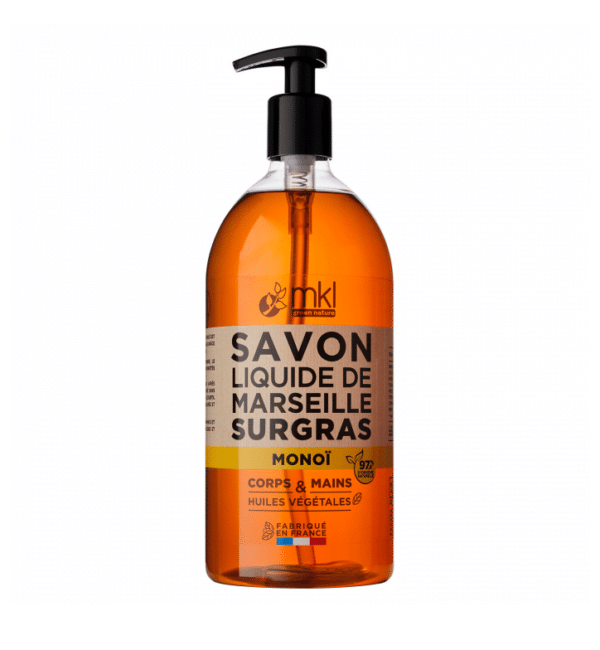 Une bouteille de MKL Savon de Marseille liquide - Monoï 1L pour le corps et les mains, offrant une qualité exceptionnelle à un prix pas cher.
