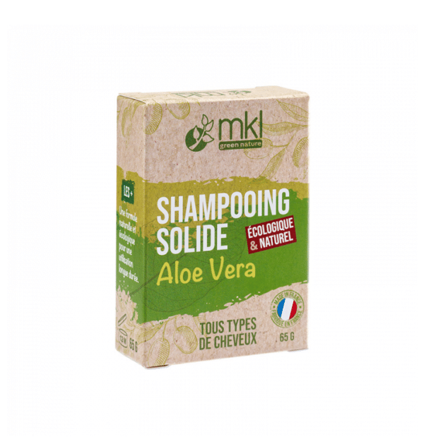 Boite de MKL Shampoing solide Aloe vera - 65g pour tous types de cheveux, labellisés eco-responsable et naturel, offrant la qualité à prix pas cher.