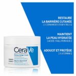 Cerave Baume Hydratant Conteneur de 340 g sur fond bleu mettant en évidence les céramides essentiels, l'acide hyaluronique et les bienfaits qualitatifs de la glycérine, désormais disponible à Dakar, Sénégal.