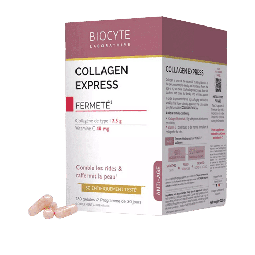 Biocyte Collagen Express Anti-âge Fermeté Boîte de supplément de 180 gélules accompagnée de capsules, étiquetées pour leurs bienfaits fermeté et anti-âge, garantissant une haute qualité.