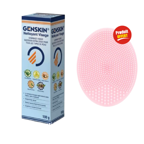 Coffret Genskin Crème Émolliente à La Vitamine E, 250 g + Serviette OFFERTE à côté d'un tampon gommant visage en silicone rose avec une étiquette « Produit Offert », mettant en valeur la qualité qu'Univers Cosmetix apporte à Dakar.