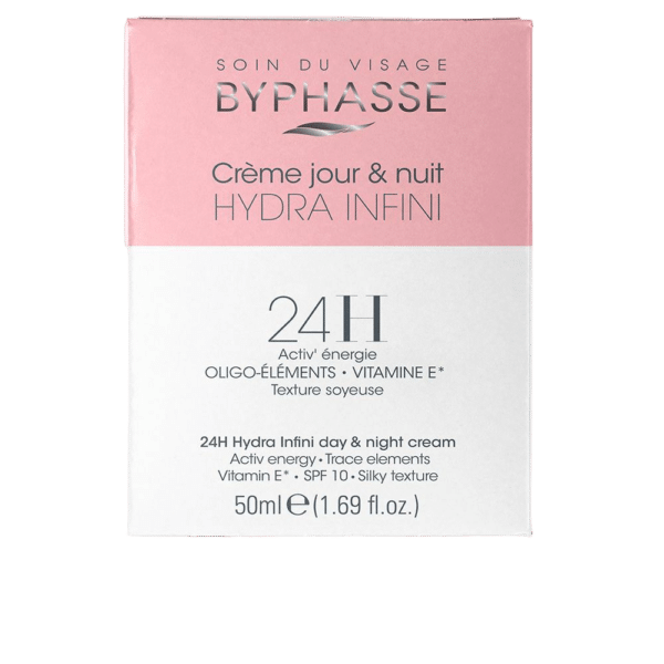 Le packaging avant de BYPHASSE Crème Hydratant Infini 24H jour et nuit 50 ml, avec des sections de couleurs rose et blanche, disponible chez Univers Cosmetix à Dakar à un prix pas cher.