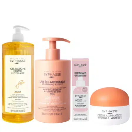 Découvrez la collection Mes Essentiels Teint Éclatant Visage et Corps de Byphasse, comprenant un gel douche micellaire au format généreux avec une pompe pratique, une lotion corporelle blanchissante facile à utiliser, un flacon de sérum hydratant compact et une crème illuminatrice présentée dans un élégant pot arrondi. Dakar