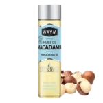 Une bouteille d'huile de macadamia étiquetée "Waam Huile Macadamia BIO 75 ml" avec des noix de macadamia à côté, disponible en *vente en ligne* au Sénégal.
