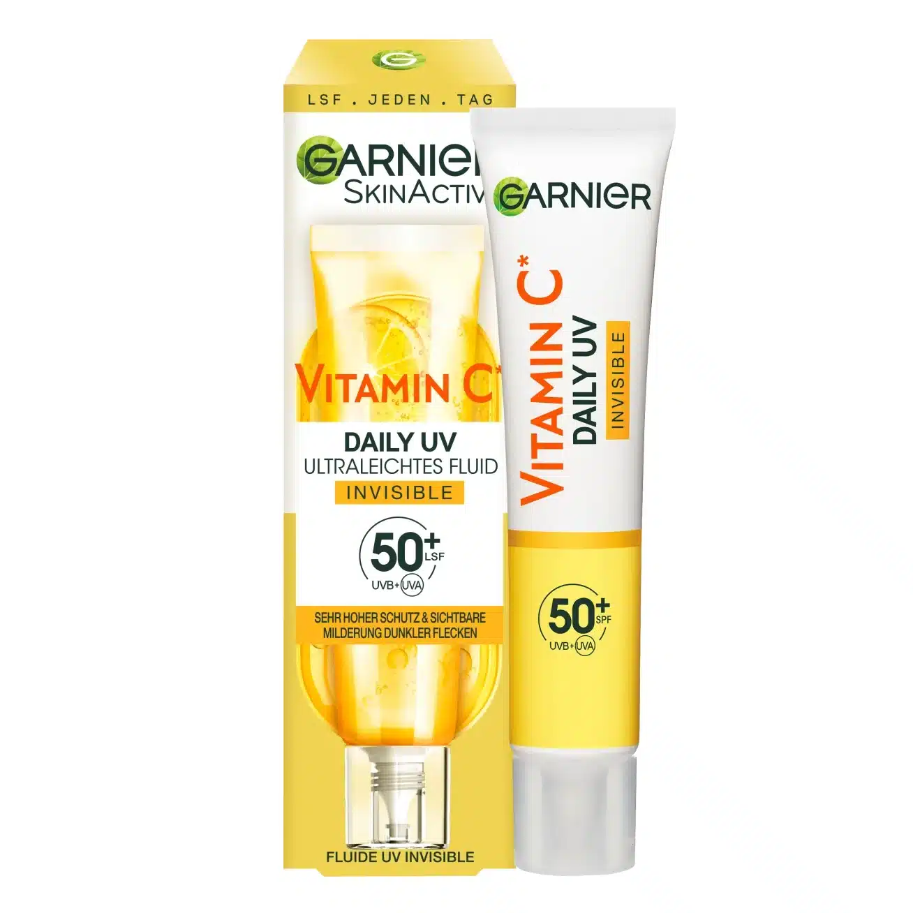 Garnier Skin Active Fluide Invisible Anti Taches à la Vitamine C SPF 50+ 40 ml est présenté dans un tube pratique accompagné d'une boîte mettant en évidence le nom et les détails du produit. dakar, Sénégal