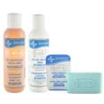 L'OFFRE HT26 Gamme Bébé Visage et Corps + Éponge Bain comprend un gel nettoyant adoucissant pour bébé, une lotion nettoyante pour bébé, un pain de savon extra doux dans son emballage d'origine et un pain de savon supplémentaire sans boîte. Dakar