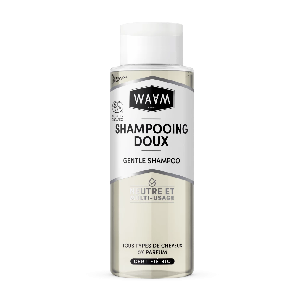 Flacon de 400 ml de Waam Shampoing Doux BIO, étiquette blanche, adapté à tous types de cheveux, certifié bio avec 0% de parfum. dakar, Sénégal