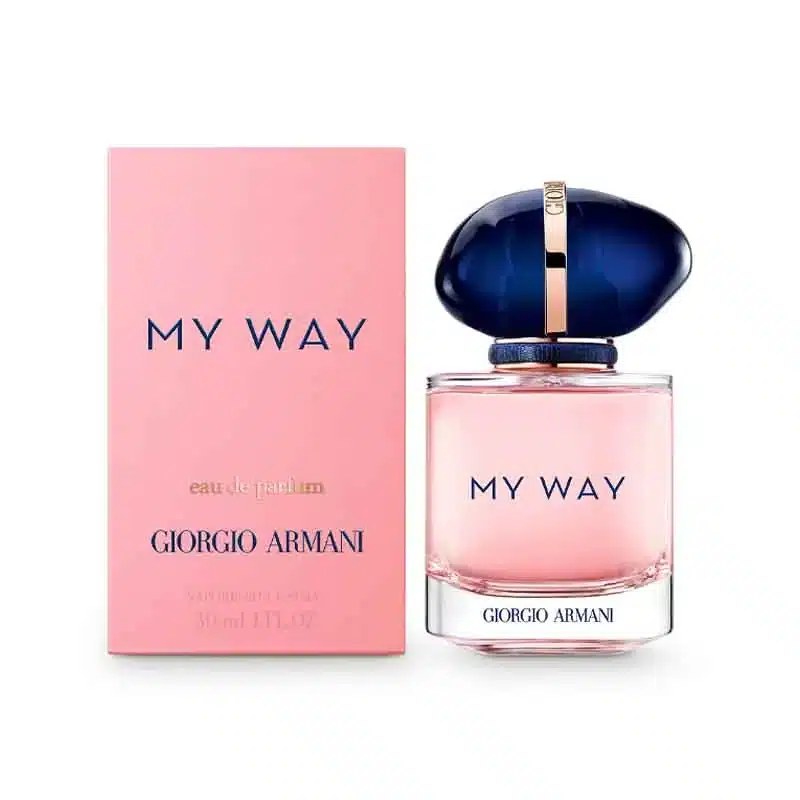 Flacon et coffret de Giorgio Armani My Way Eau de Parfum 30 ml, arborant des accents roses et un bouchon bleu marine. dakar, Sénégal