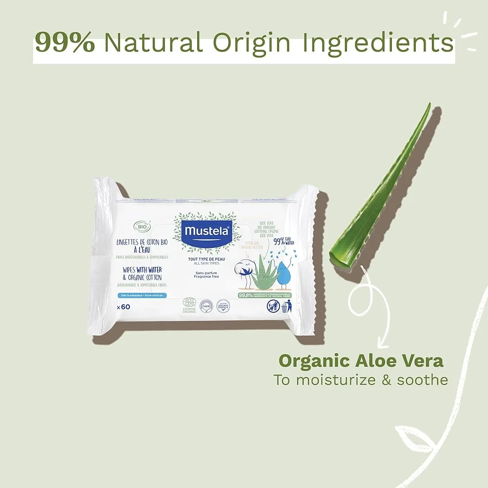 Lot de 60 lingettes Mustela de Coton Bio à l'Eau, avec 99% d'ingrédients d'origine naturelle et de l'aloe vera bio. Ces lingettes sont parfaites pour la peau délicate de votre bébé. dakar, Sénégal