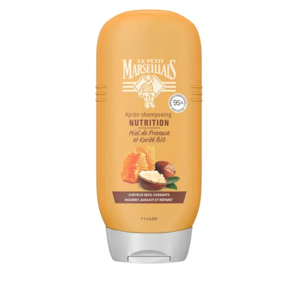 Flacon jaune du Petit Marseillais Après Shampoing Soin Express Nutrition au Miel et au Karité BIO 200 ml, conçu pour les cheveux secs et abîmés.