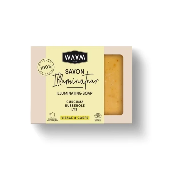 Boite de WAAM Savon illuminateur au Curcuma 80g, à base de curcuma, bussérole et lys avec une étiquette beige et des ingrédients 100% naturels.