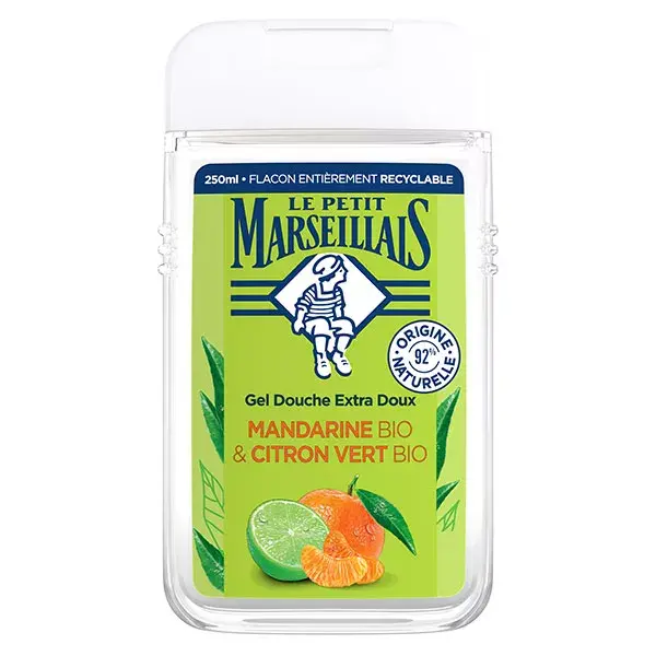 Le Petit Marseillais Gel Douche Extra Doux Mandarine & Citron Vert Bio, dans un flacon vert recyclable de 250 ml. dakar, Sénégal